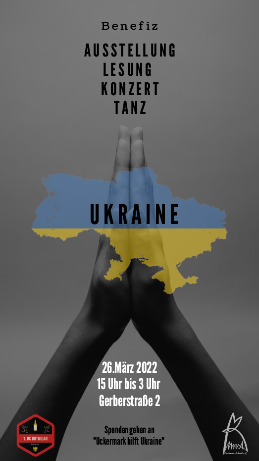 Grafik: Text auf grauem Grund mit betenden Händen und Umriss des Landes Ukraine in Blau-Gelb