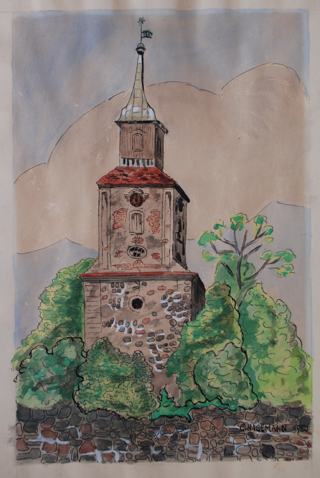 farbige Zeichnung der Kirche Felchow