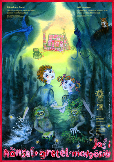 Das Plakat zeigt Hänsel und Gretel im Geisterwald mit Blick auf das Pfefferkuchenhaus.
