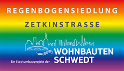 Foto: regenbogenfarbiges Logo zum Stadtumbauprojekt