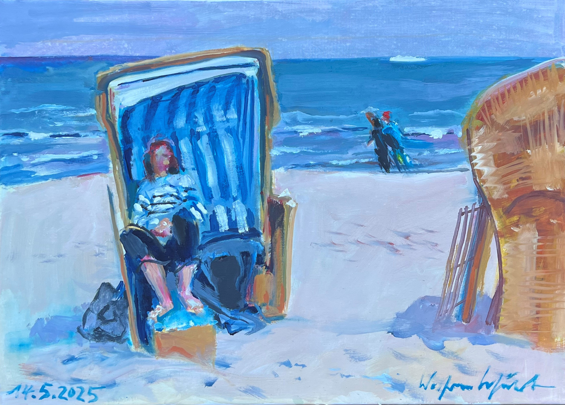 Gemälde: Frau sitzt in einem Standkorb, dahinter das blaue Meer