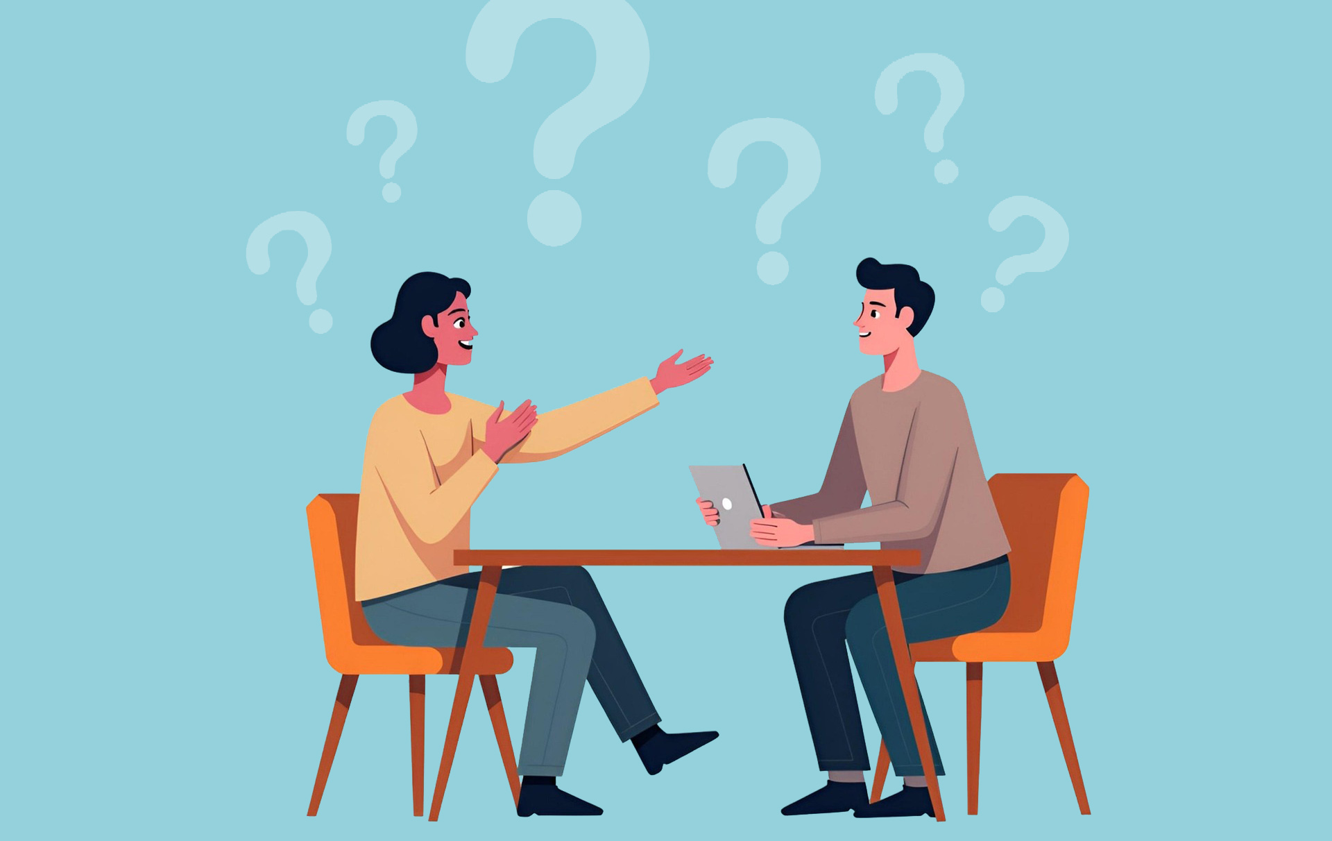 Grafik: 2 Personen sitzen an einem Tisch, im Hintergrund sind Fragezeichen zu sehen.