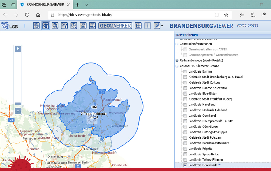 Bildschirmansicht mit Brandenburg-Karte und Uckermark-Markierung
