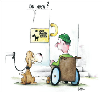 Karikatur: Ein Hund fragt vor einem Schild 
