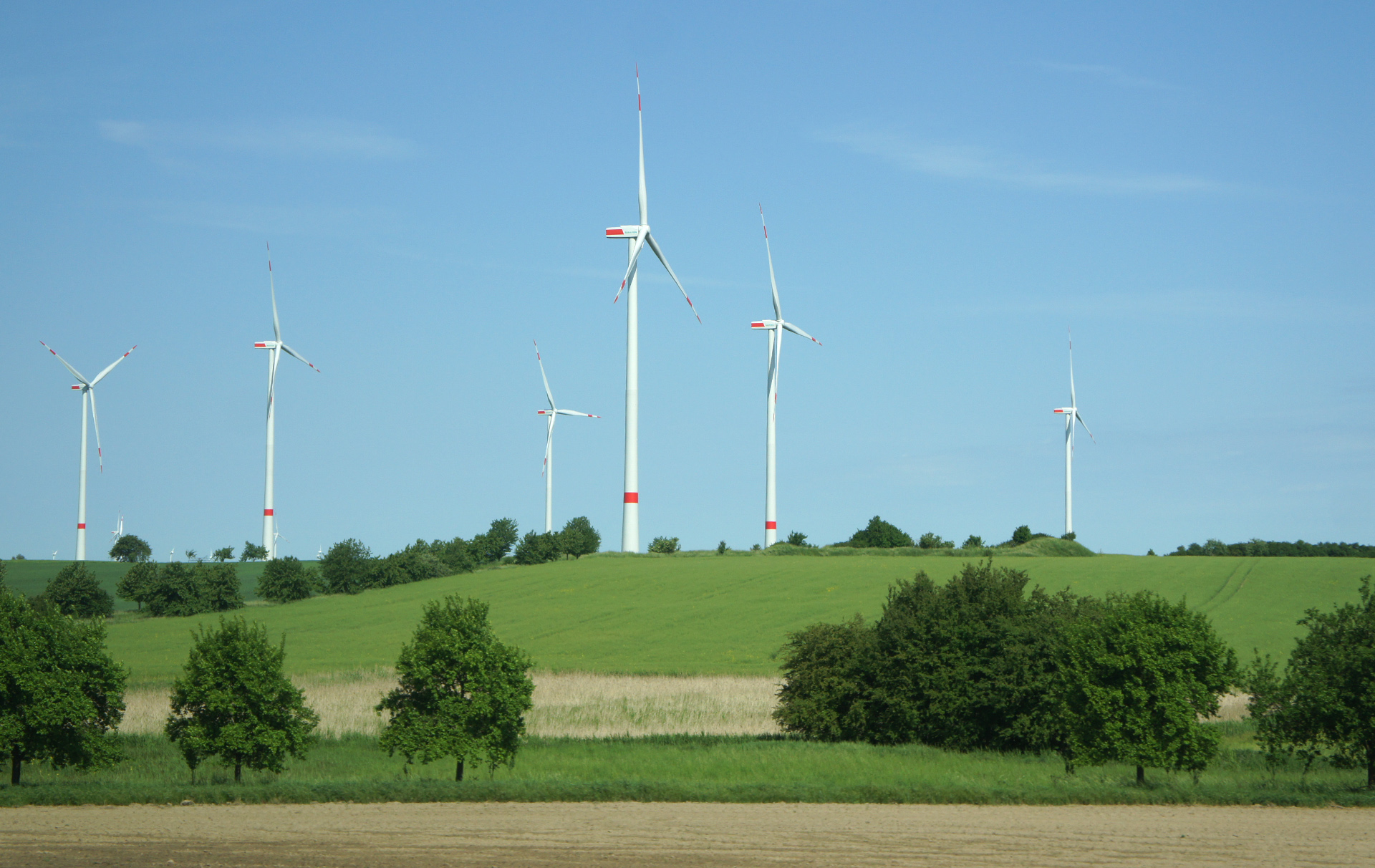 Foto: mehrere Windräder in der grünen Landschaft