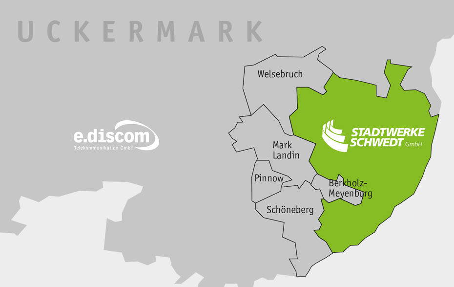 Karte: Markierung des Ausbaugebietes der Stadtwerke in Grün