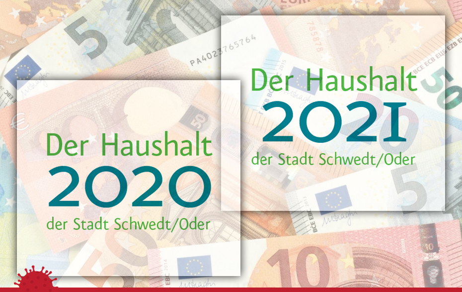 Grafik: Titel „Haushalt 2020“ und „Haushalt 2021“ transparent über Geldscheine gelegt