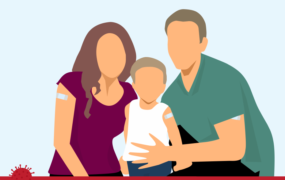 Grafik: 3-köpfige Familie mit Impfpflaster