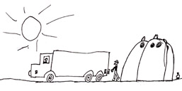 Die Schwarz-Weiß-Zeichnung zeigt eine Sonne, einen LKW, einen Menschen und zwei große Tonnen