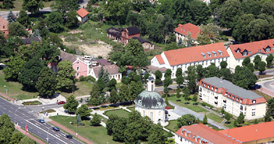 Luftbild auf das Gebiet des Lindenquartiers und auf den Berlischky-Pavillon