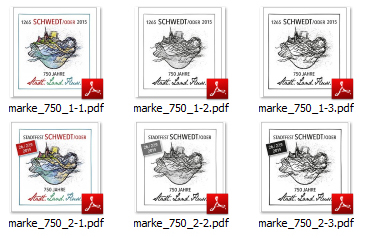 Grafik: 6 Thumbnails von PDF-Dateien mit einer Variante der Marke zur 750-Jahr-Feier