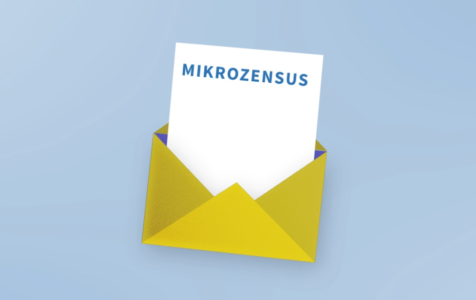 Grafik: gelber Brief auf blauem Grund mit weißem Zettel, auf dem der Begriff Mikrozensus steht.