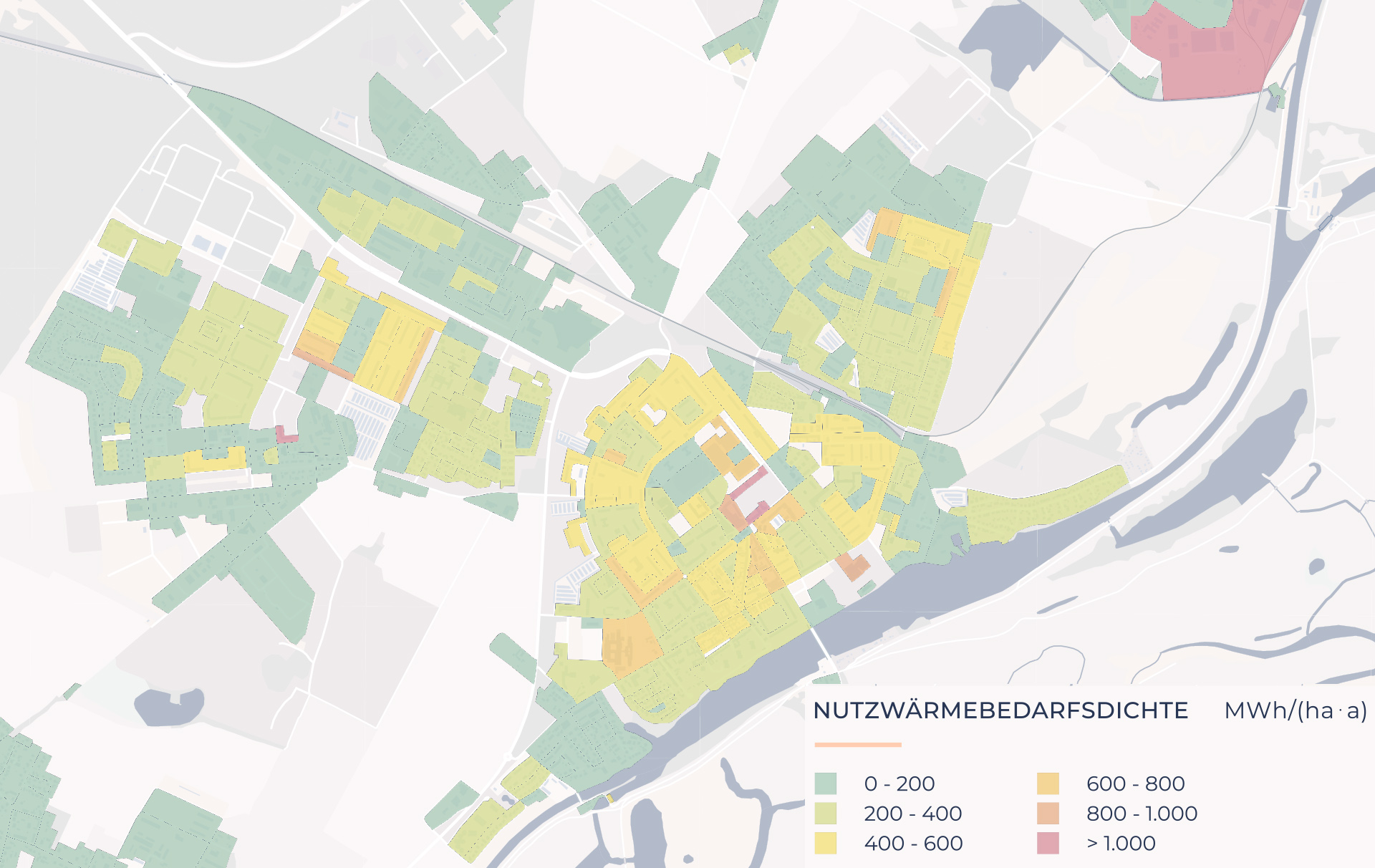 Karte mit verschieden farbigen Flächen von grün über gelb bis rot