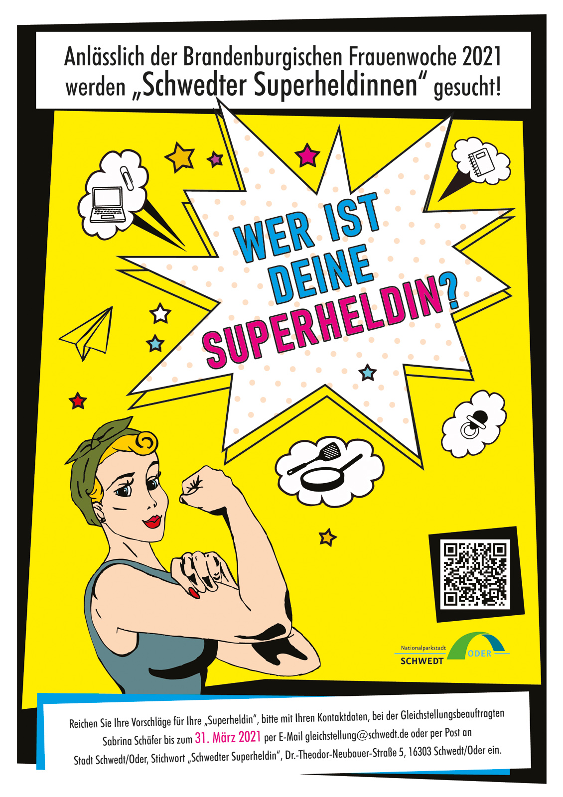 Plakat: Frau auf gelbem Grund, Stern mit der Frage „Wer ist deine Superheldin?“, Wolken mit Symbolen Pfanne, Schnuller, Laptor, Heft