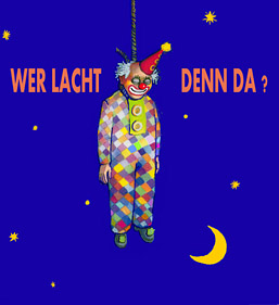 Abbildung: hängender Clown vor blauem Nachthimmel