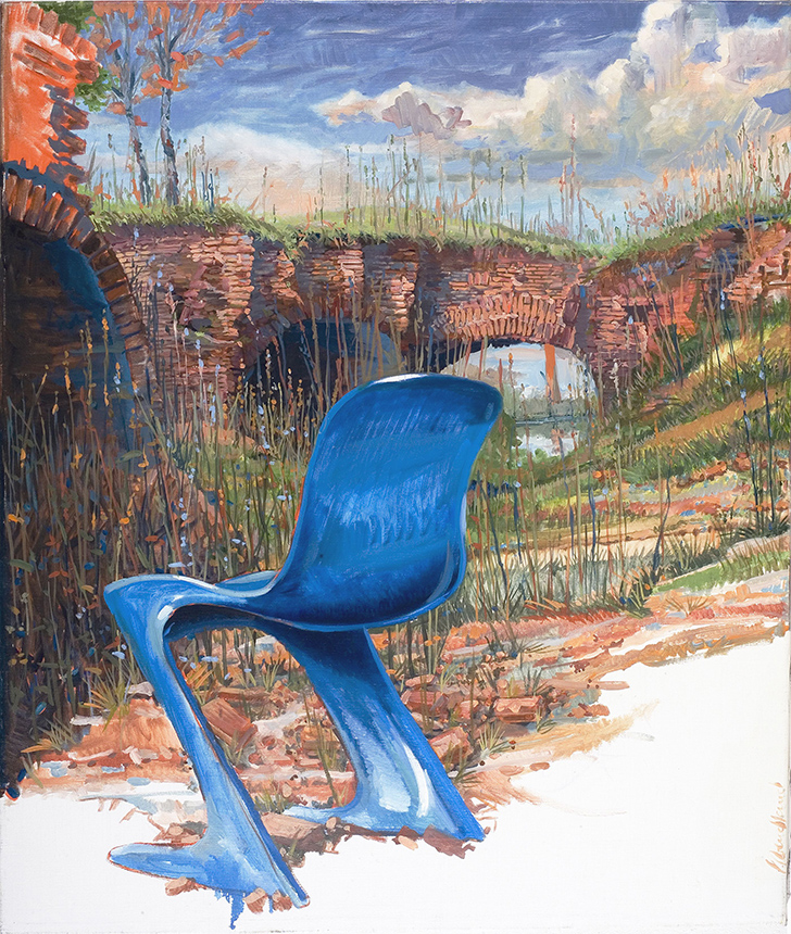 Gemälde mit einem blauen Stuhl in der Landschaft