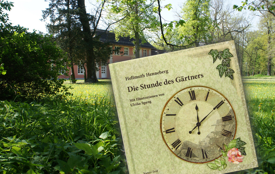 Fotomontage: Buch „Die Stunde des Gärtners“ vor Park Monplaisir