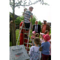 Foto: Ein Kitajunge auf der Leiter beim Beschmücken des Bündnisbaumes und um ihm herum andere Kitakinder und der Bürgermeister.