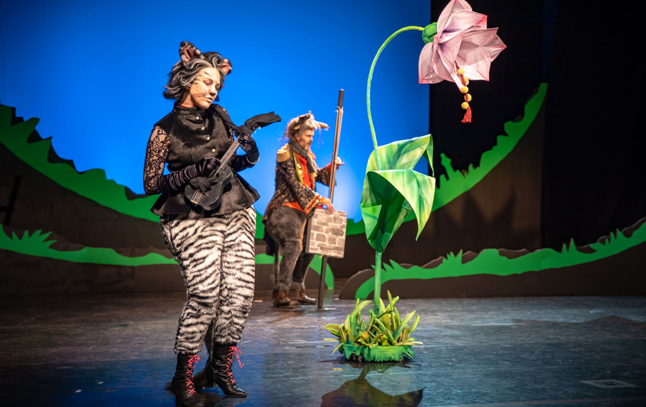 Foto: Katze, Esel und eine große Blume auf der Bühne