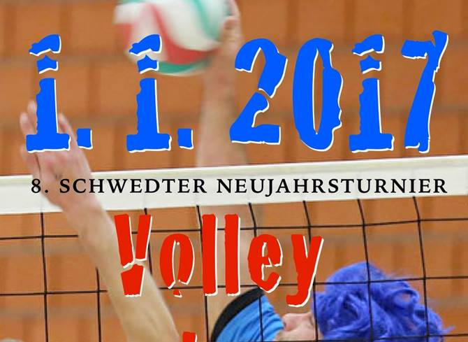 Foto mit Text: Volleyballer mit Ball am Netz