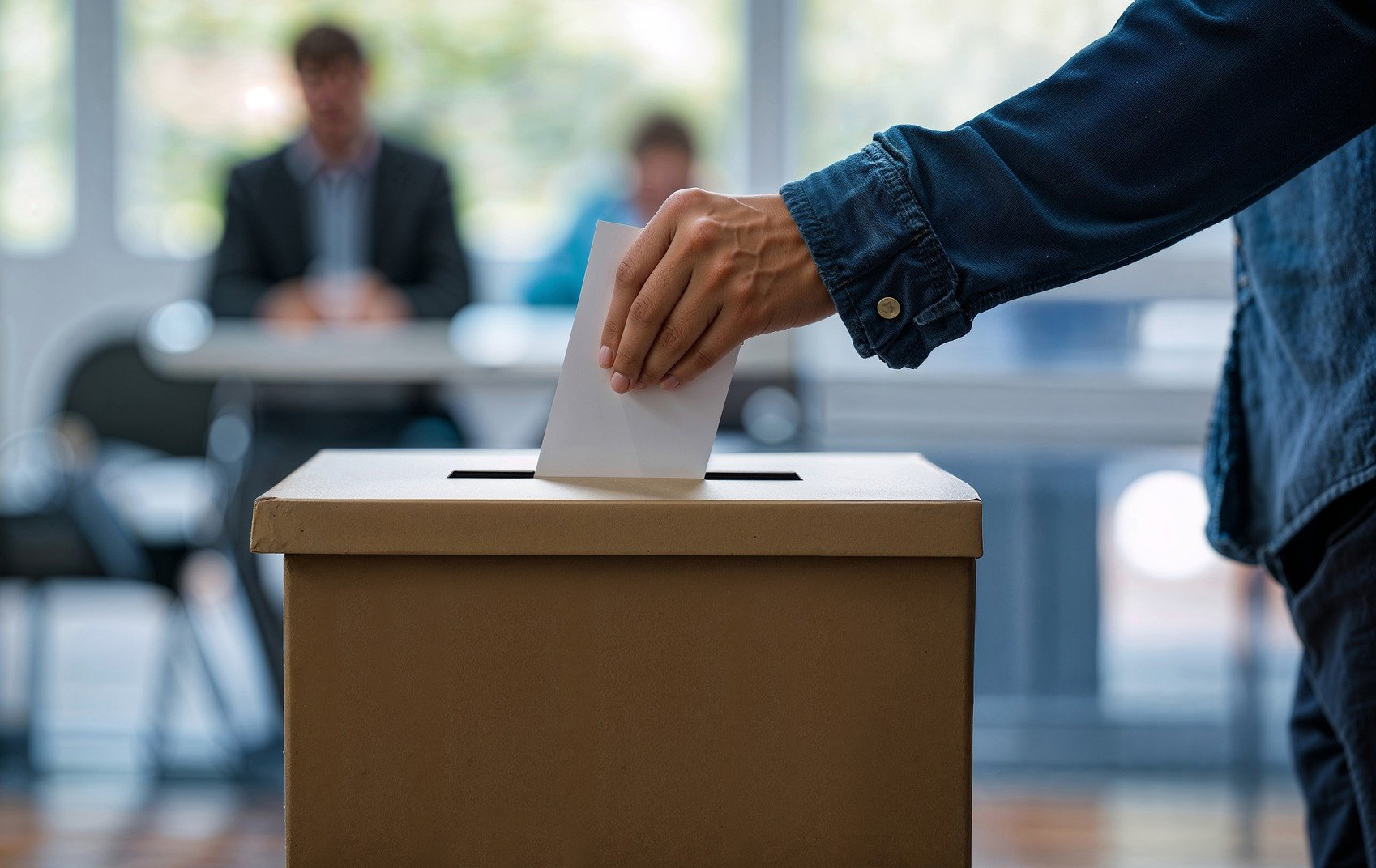 Foto: männliche Hand steckt eine Zettel in eine Wahlurne, im Hintergrund unscharf der Wahlvorstand